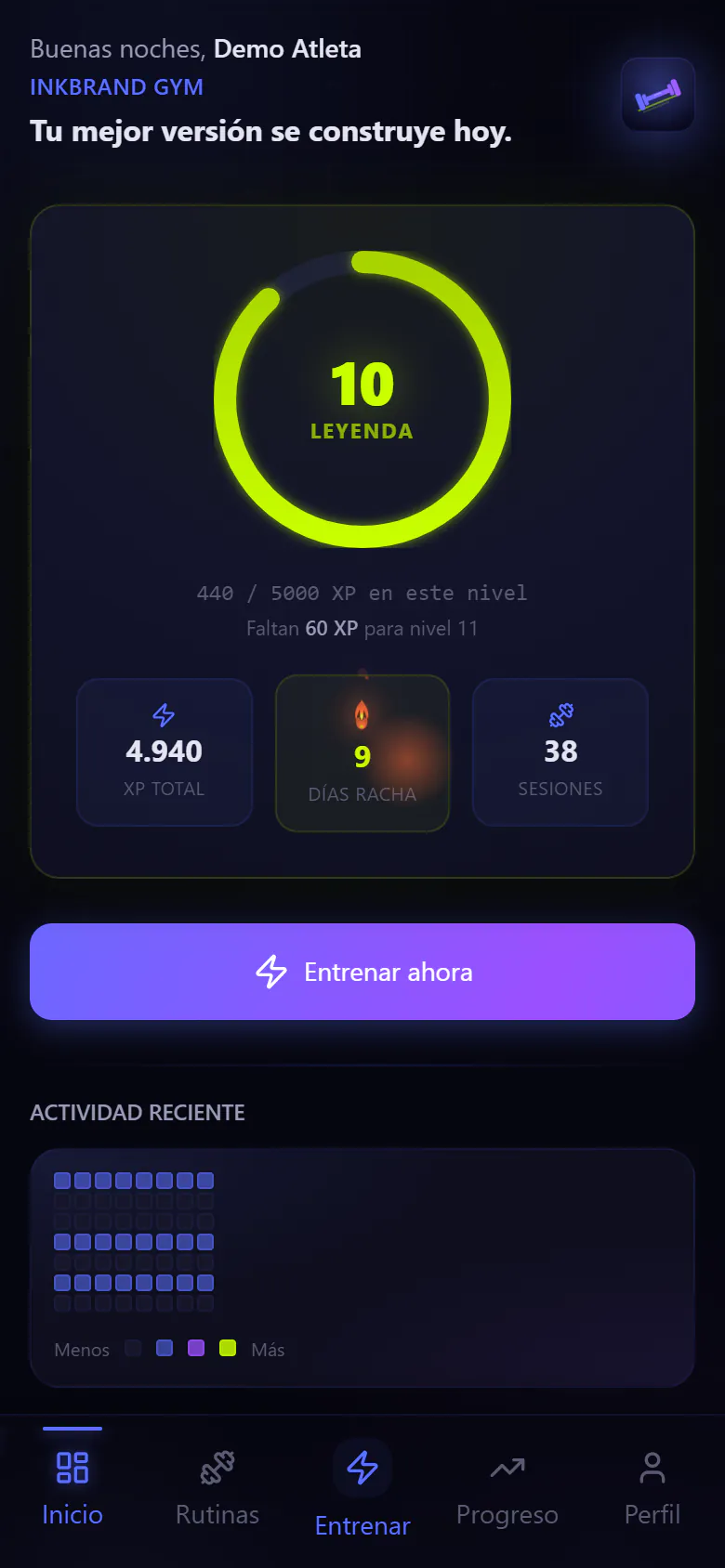 App de gimnasio con marca inkbrand en el celular