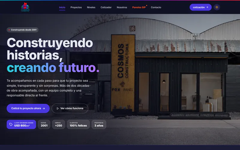 Página de inicio de Cosmos Constructora en computadora